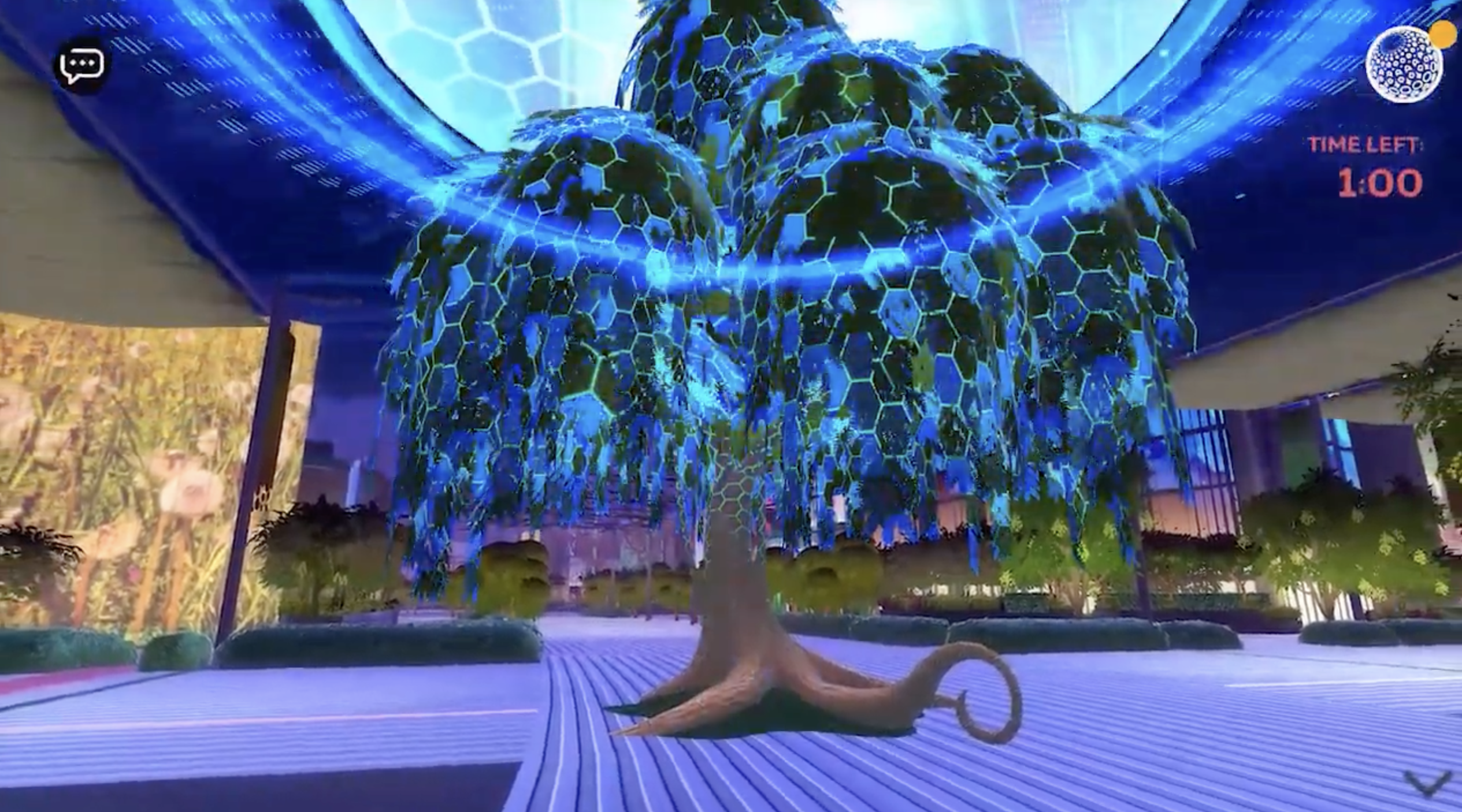 Expo Xplorer: stylized digital tree and hex grid under a lit dome